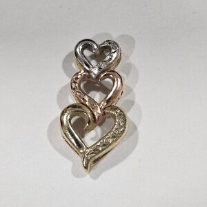 Triple Heart Pendant In Yellow Rose White Gold Tri-Tone 10k Gold Whimsey Romance